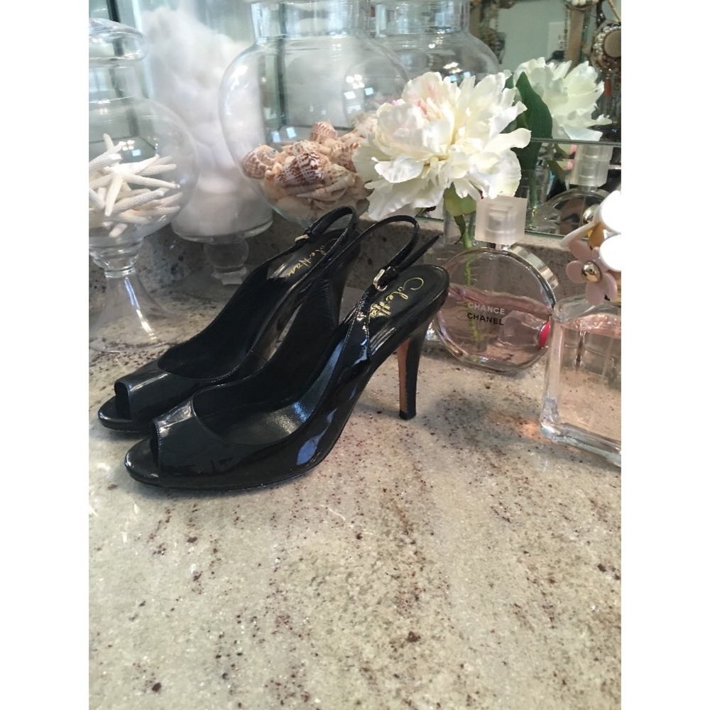 Cole Haan 6.5 B Black Patent Leather Slingback Peep Toe Heels Nike Air Pumps